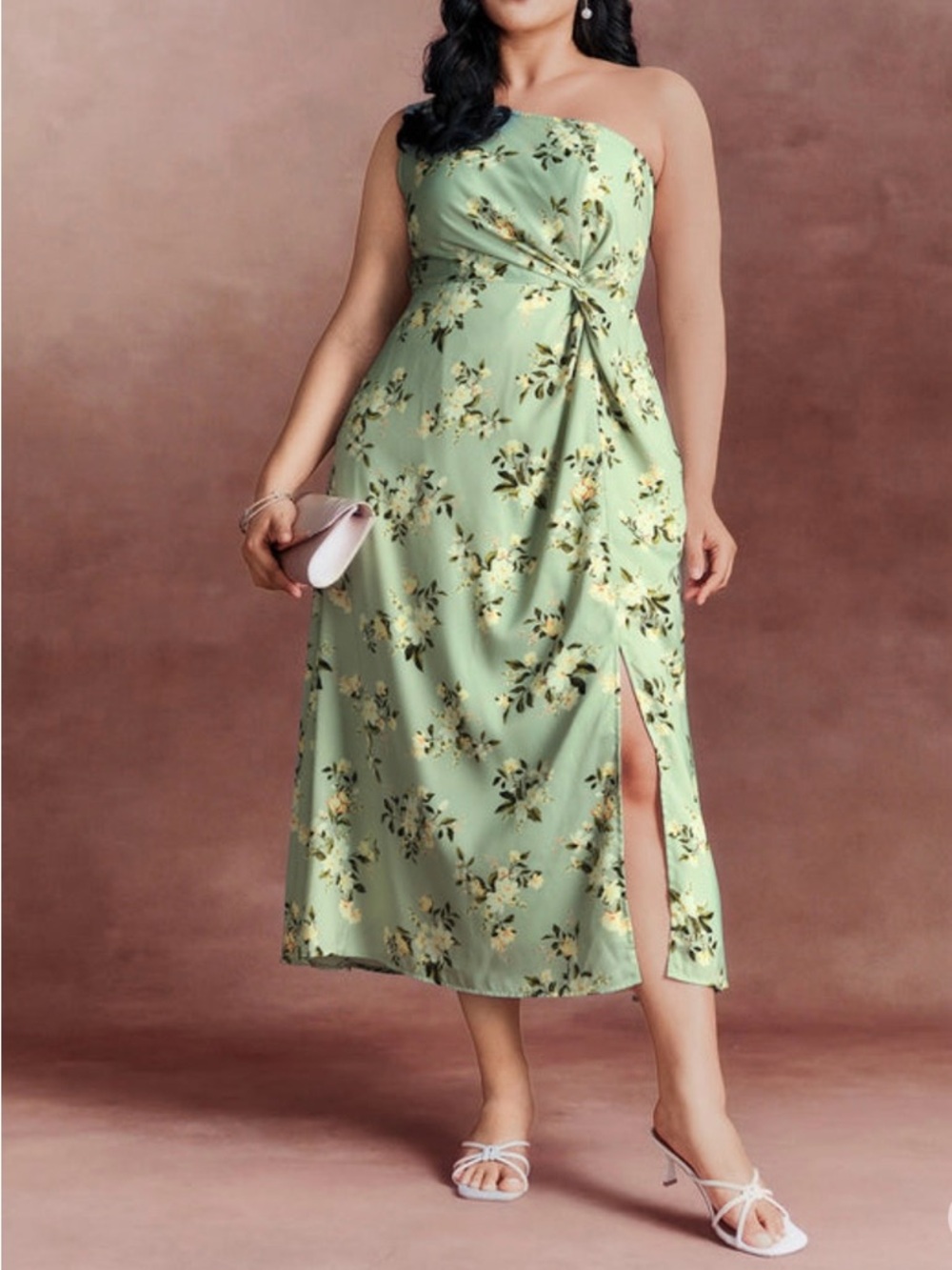 Strapless Floral Twist Midi Dress in Mint Green